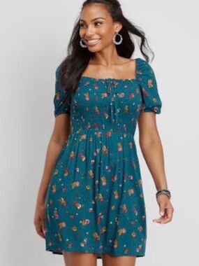 Maurices Teal Floral Square-Neck Smocked Mini Dress